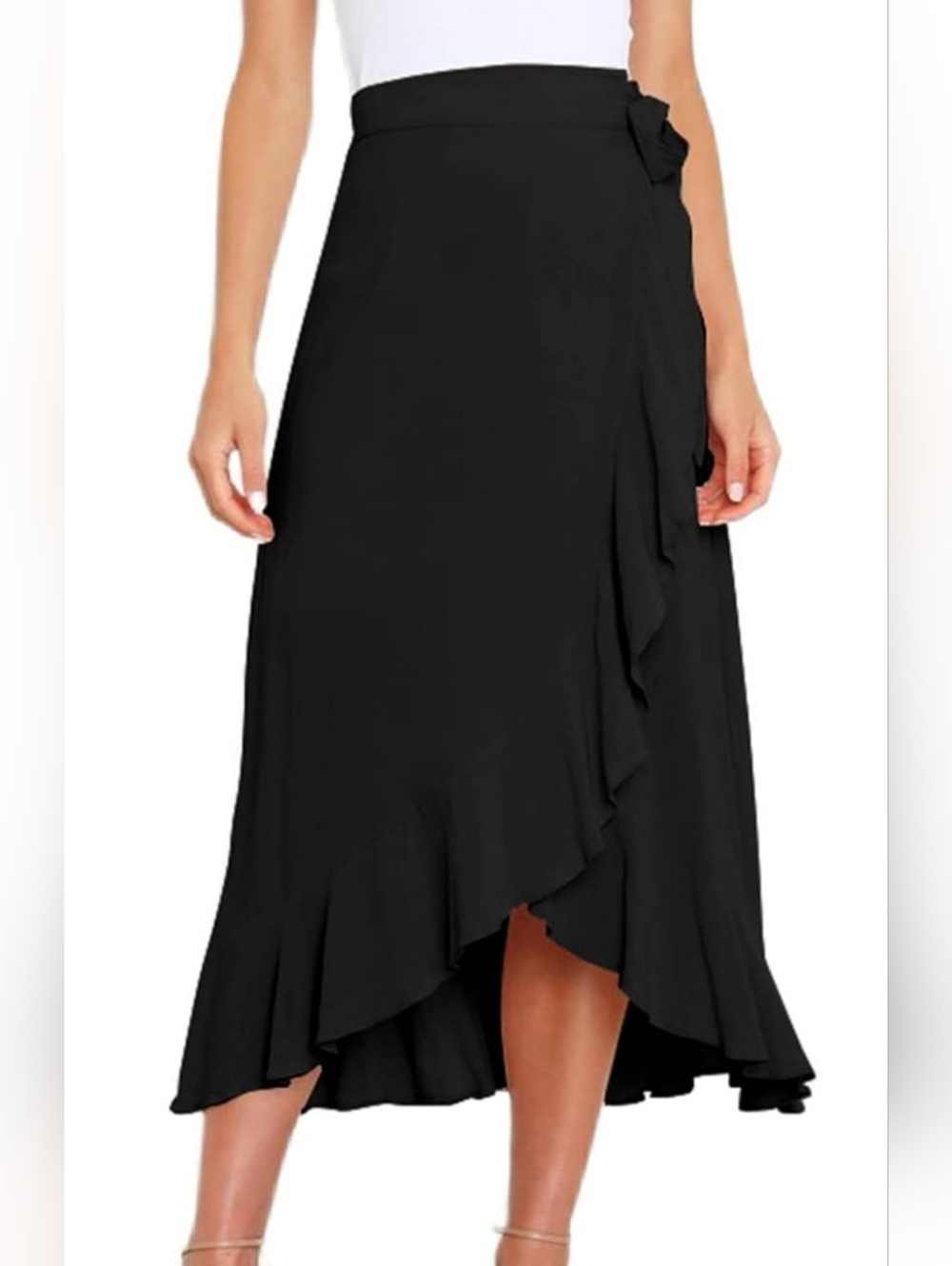 Elegant Black High-Low Ruffle Wrap Skirt